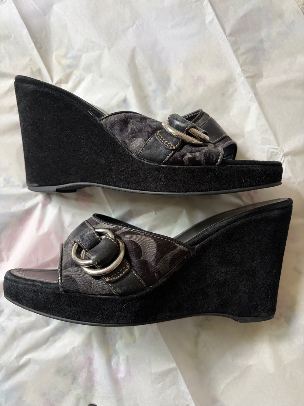 2000s Coach Monogram Black Wedge Slide Sandals with Buckle Accent